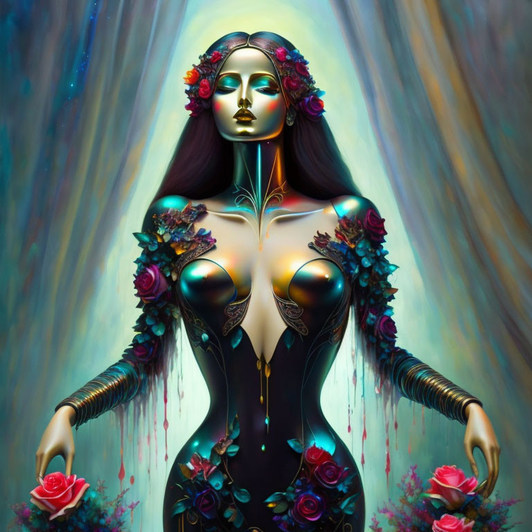 Female Figure with Golden Accents Surrounded by Flowers and Mystical Aura