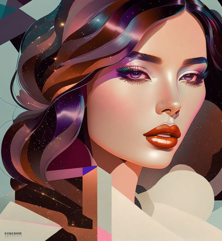 Stylized female illustration with flowing hair, galaxies pattern, and geometric background