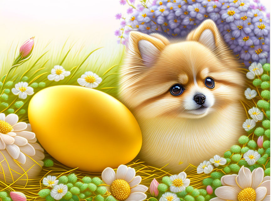 Fluffy Pomeranian with golden egg in spring garden