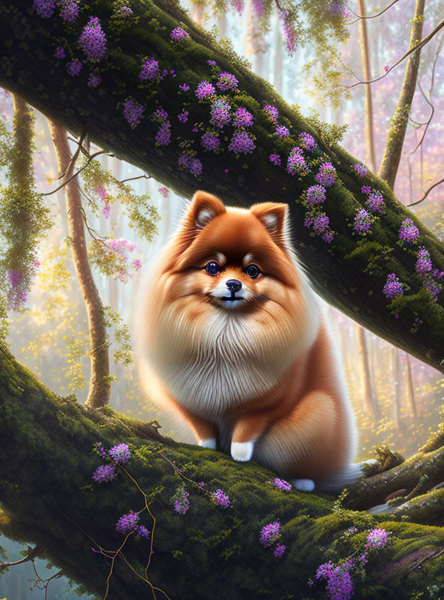 Fluffy Pomeranian Dog on Mossy Tree Branch in Enchanted Forest