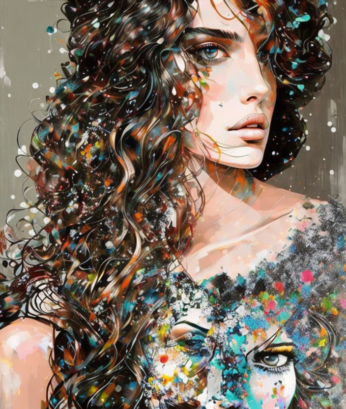 Vibrant abstract portrait of a woman with curly hair