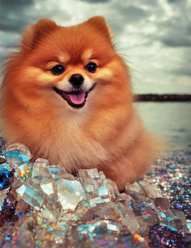 Fluffy Pomeranian Dog Smiling on Sparkling Crystals by Seaside