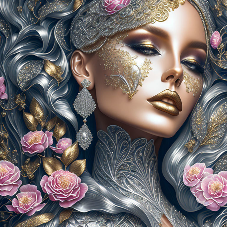 Detailed Artwork: Woman with Silver Hair, Gold Accessories, and Pink Blooms