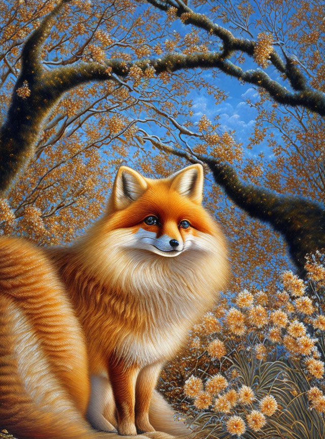 Colorful Fox Illustration Under Tree with Golden Leaves in Blue Sky