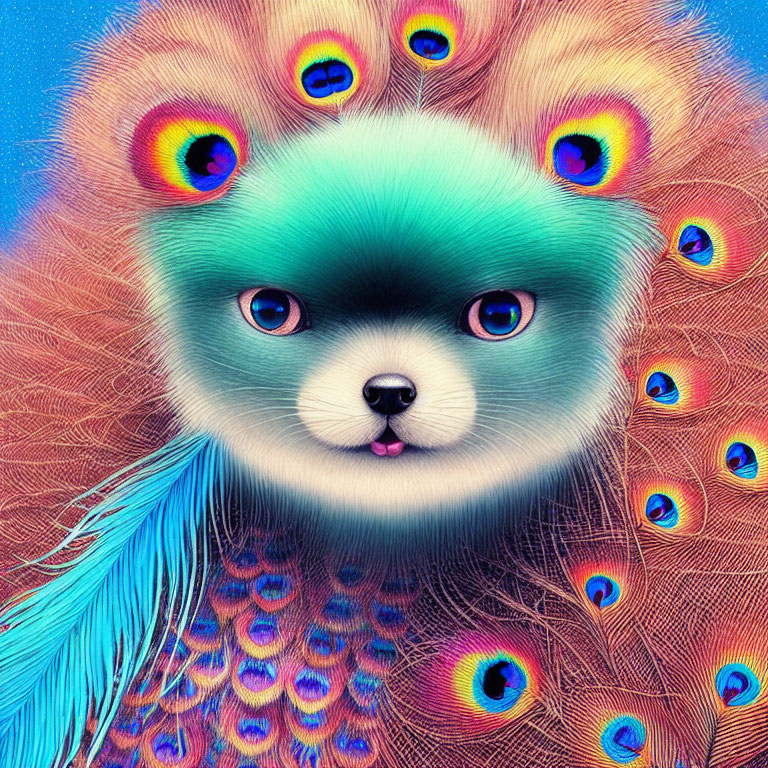 Colorful digital artwork: Pomeranian dog with peacock feathers in vibrant blues, pinks,