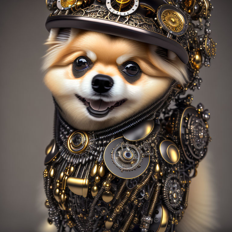 Steampunk-style Pomeranian dog with intricate metallic headdress and collar