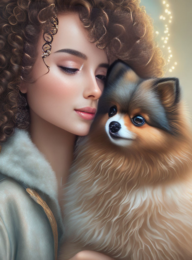 Curly-haired woman with Pomeranian dog in soft glowing light