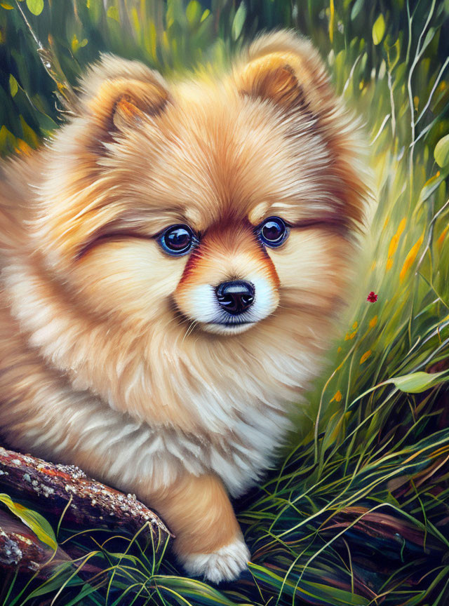 Fluffy golden Pomeranian dog with ladybug in grassy field