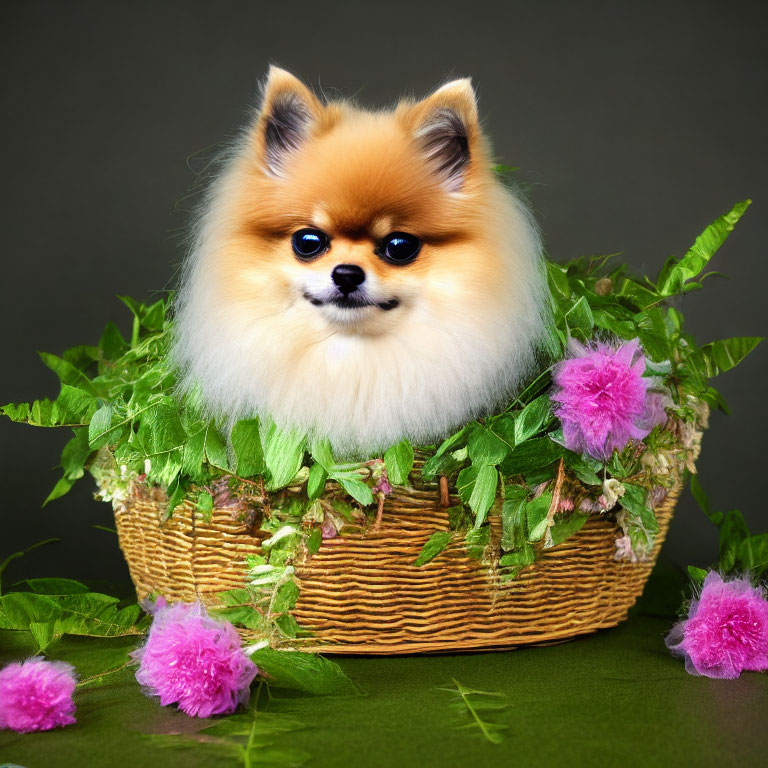 Fluffy Pomeranian Dog in Wicker Basket with Green Leaves and Pink Flowers