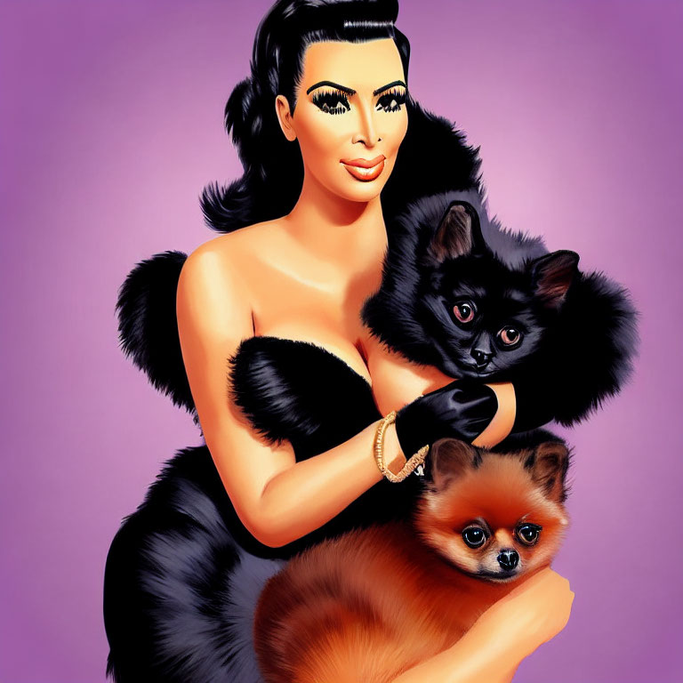 Stylized illustration of glamorous woman with black cat and Pomeranian dog on purple background