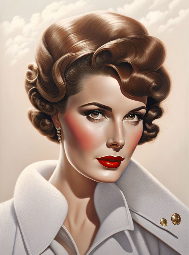 Vintage Style Woman Illustration with Red Lipstick and Classic Waves