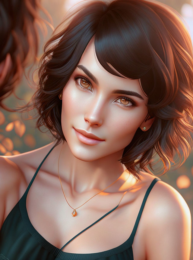 3D-rendered image of woman with short dark hair and green eyes wearing green top and necklace