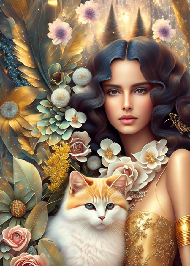 Fantasy portrait of woman with blue hair, galaxy backdrop, flowers, and bi-colored cat