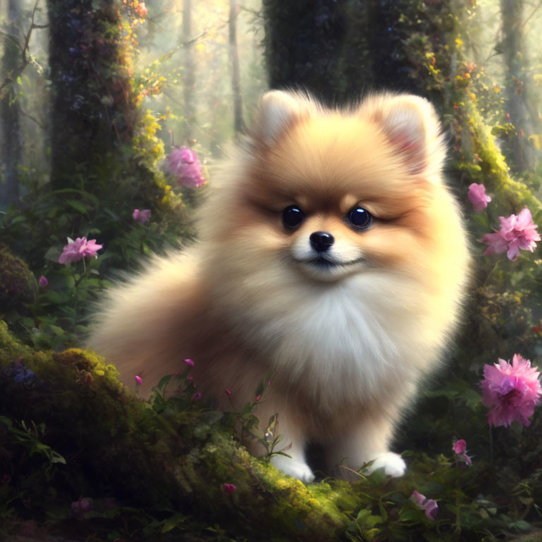 Fluffy Pomeranian Dog on Mossy Log in Enchanted Forest