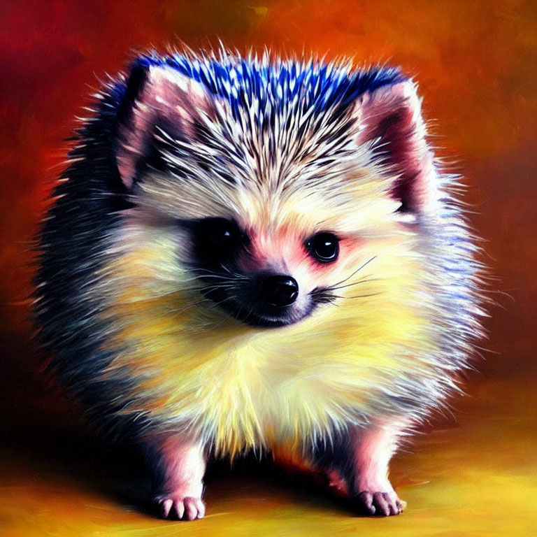 Colorful Hedgehog with Blue-Tipped Spines on Amber Background