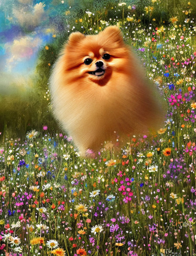 Smiling Pomeranian Dog in Colorful Wildflower Meadow