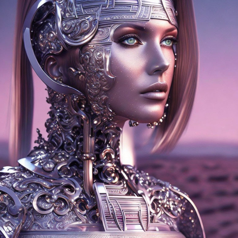 Female android digital artwork with intricate metal armor and glowing green eyes on pinkish background