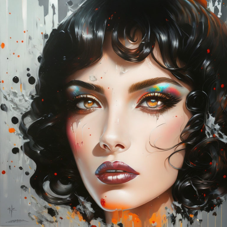 Vibrant makeup and curly hair in stylized portrait.