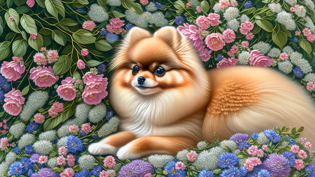 Fluffy Pomeranian Dog Surrounded by Pink Peonies and Blue Flowers