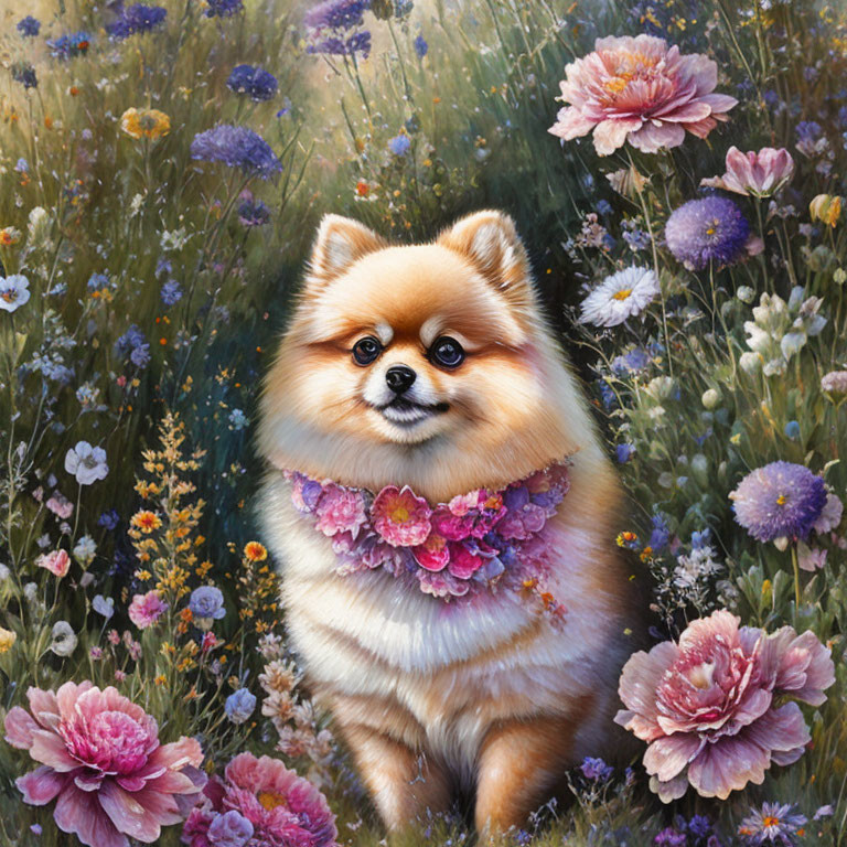 Adorable Pomeranian Dog with Colorful Flower Wreath