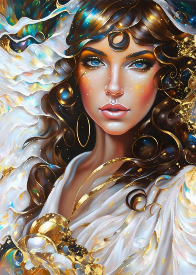 Portrait of Woman with Blue Eyes in Gold Jewelry and White Cloak Against Cosmic Backdrop