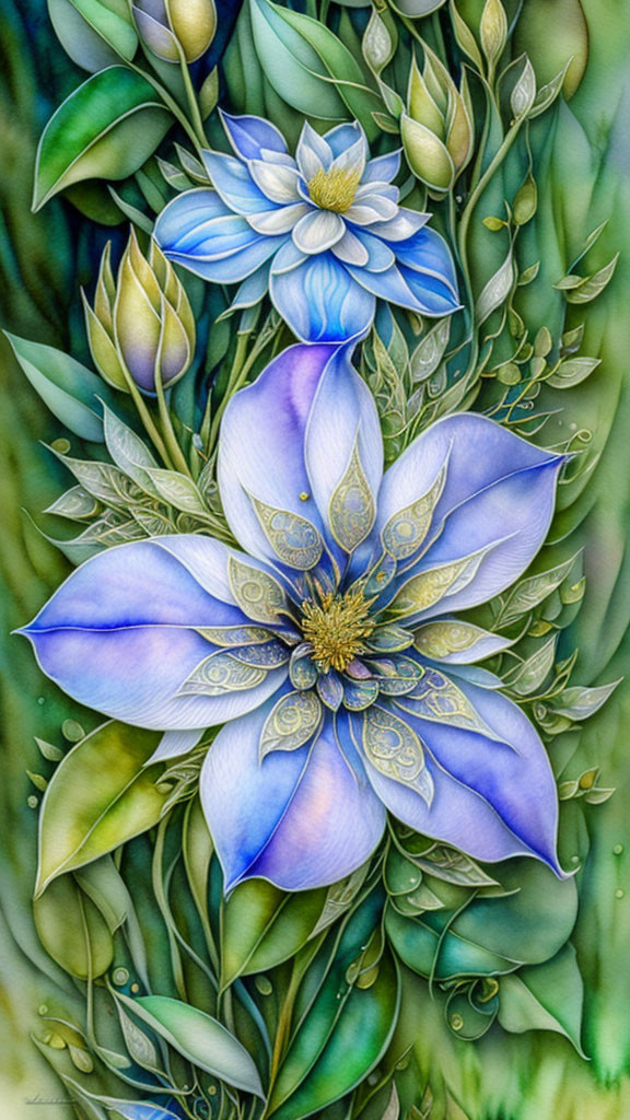 Symmetrical Floral Arrangement with Large Blue and White Flower