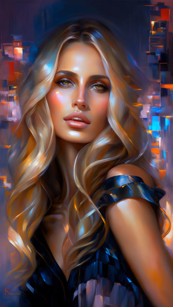 Blonde Woman Portrait with Blue Eyes and Cityscape Background