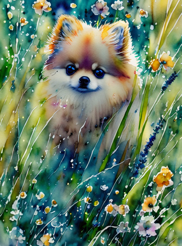 Fluffy Pomeranian in Vibrant Watercolor Illustration