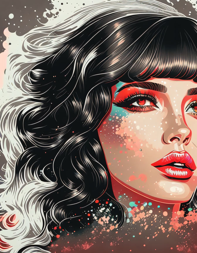 Stylized portrait of woman with dark wavy hair and red makeup