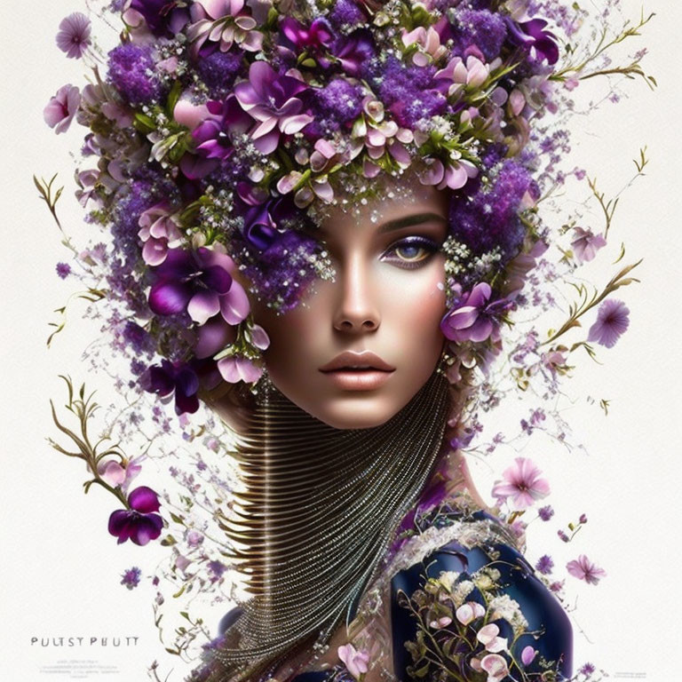 Woman with Striking Blue Eyes Wearing Crown of Purple Flowers