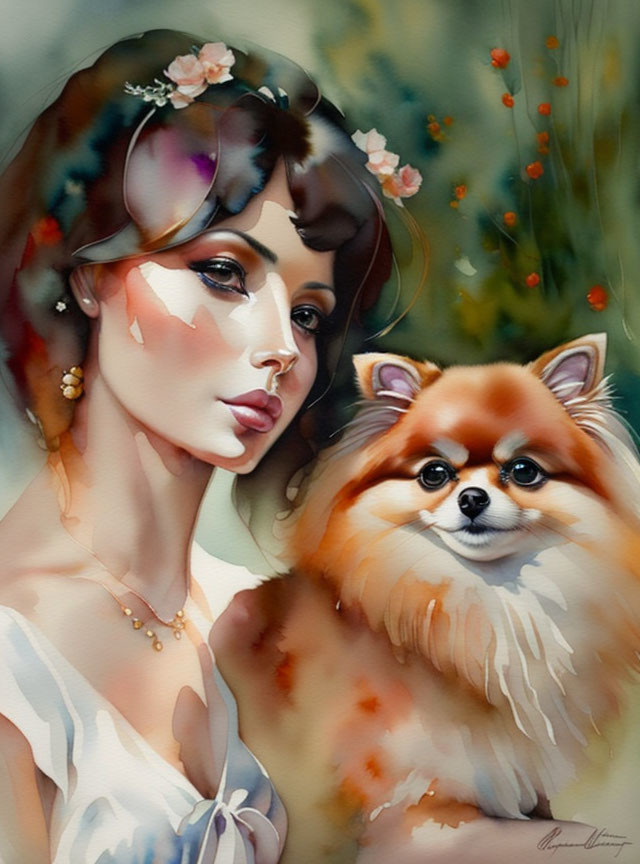 Watercolor illustration of woman with flowers in hair and Pomeranian dog on soft background