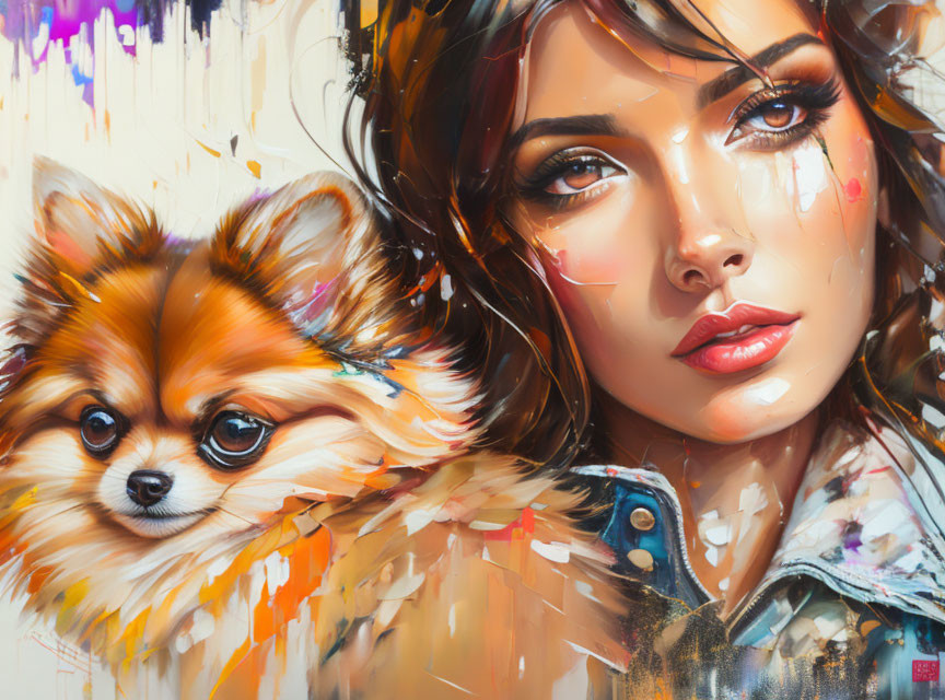 Vibrant portrait of woman with striking makeup beside detailed Pomeranian against abstract background