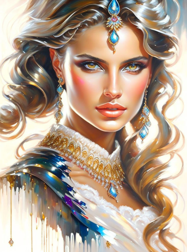 Illustrated portrait of woman with wavy hair, blue eyes, and elegant blue gemstone jewelry