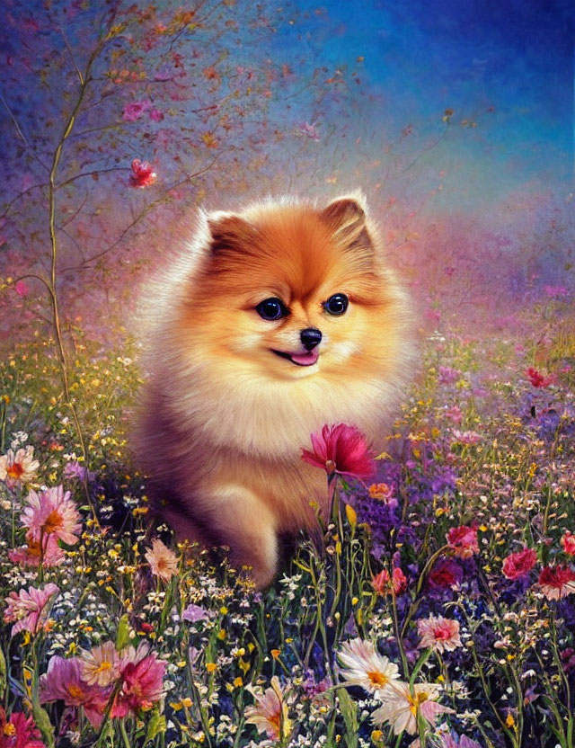 Fluffy Pomeranian in Colorful Wildflower Field with Pastel Sky