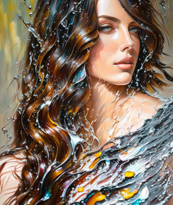 Woman with flowing brown hair and water splashes, adorned with colorful feather-like details