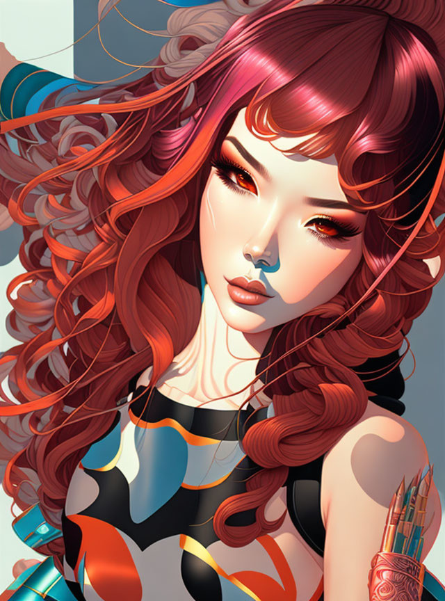 Digital illustration of woman with red hair and futuristic outfit