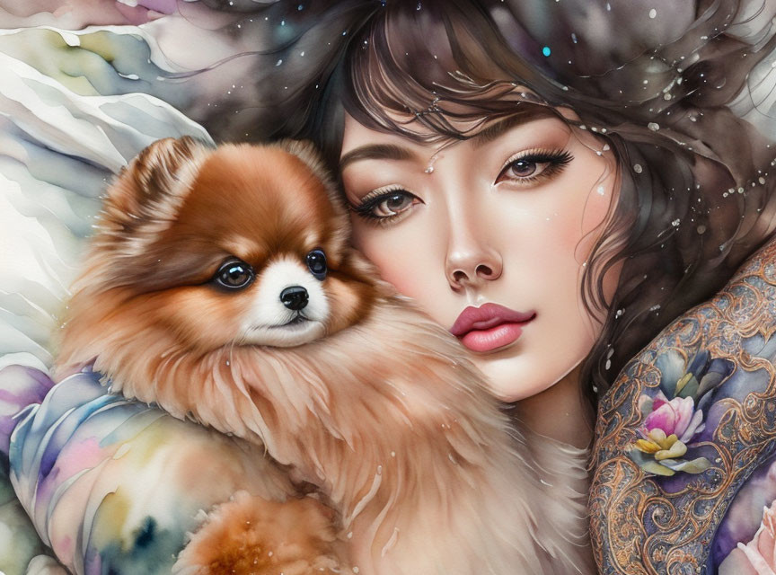 Detailed Illustration: Woman with Flowing Hair and Tattoos Cuddling Pomeranian Dog in