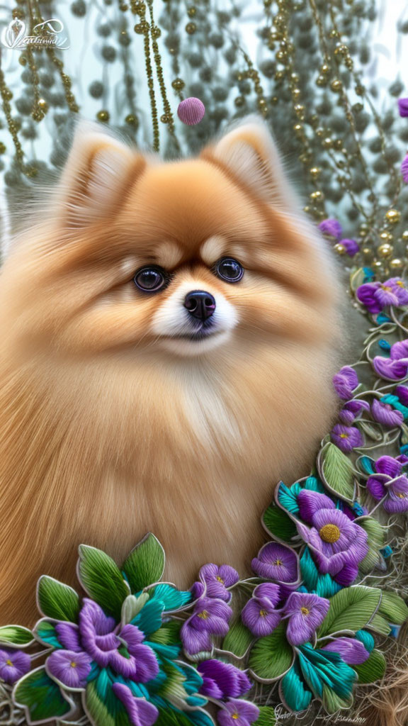 Fluffy Pomeranian with Purple Flowers and Beads