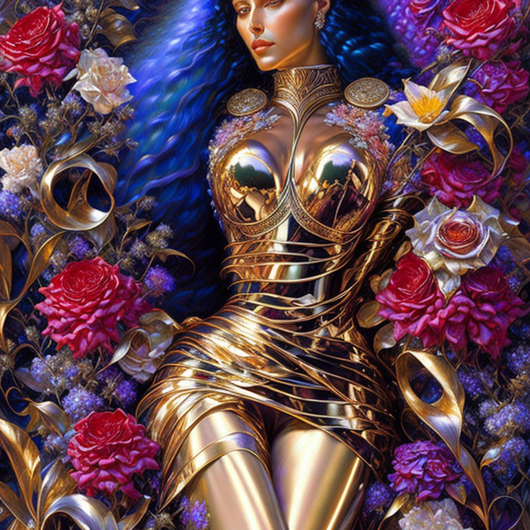 Fantastical illustration of woman in gold armor with blue hair among colorful roses