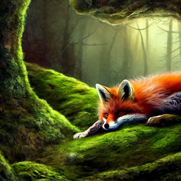 Red Fox Resting on Moss-Covered Forest Ground