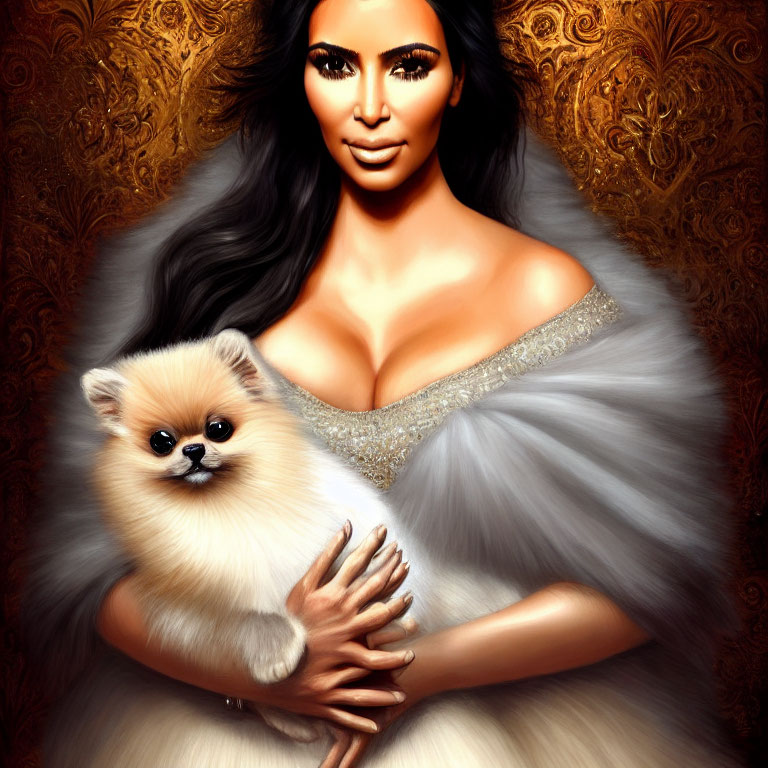 Stylized portrait of woman with dark hair holding Pomeranian against golden backdrop