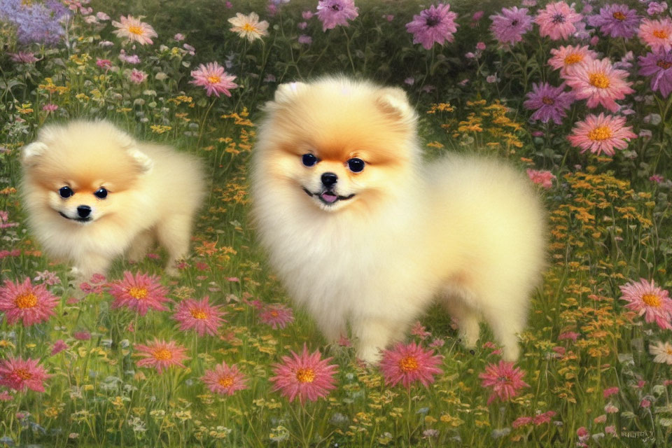 Fluffy Pomeranian Dogs Among Colorful Wildflowers in Meadow