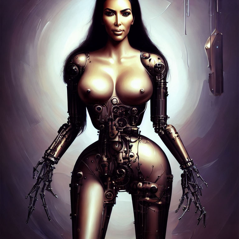 Futuristic female robot with metallic body and human-like features