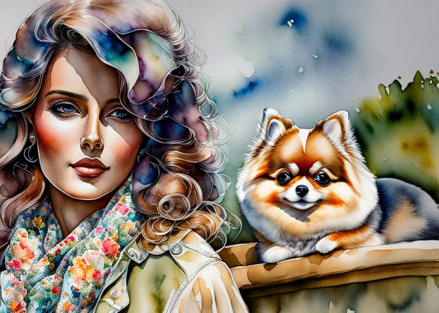 Colorful Watercolor Illustration of Woman with Flowing Hair and Pomeranian Dog