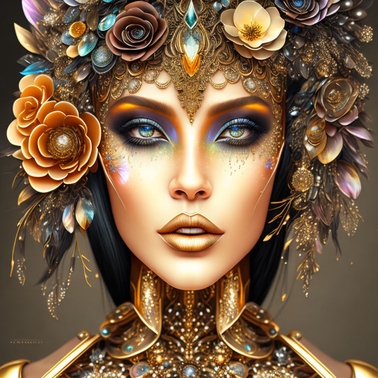 Intricate golden floral headdress on woman in digital portrait