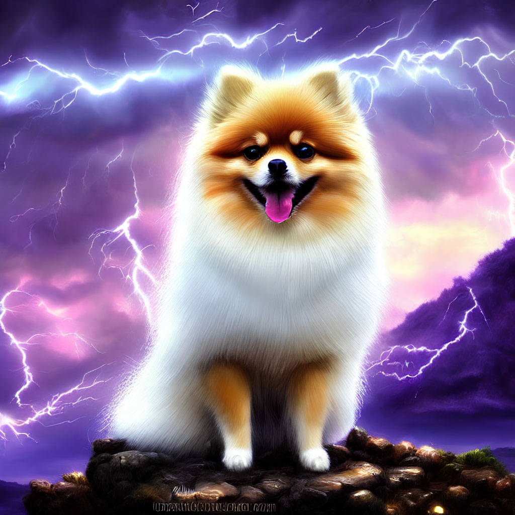 Fluffy Pomeranian Dog on Rock with Purple Skies and Lightning