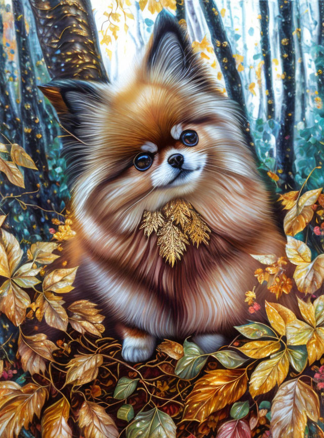 Fluffy Pomeranian Dog in Autumn Forest Setting