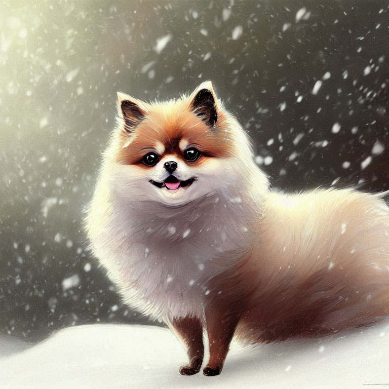 Fluffy Pomeranian Dog in Snowfall Scene