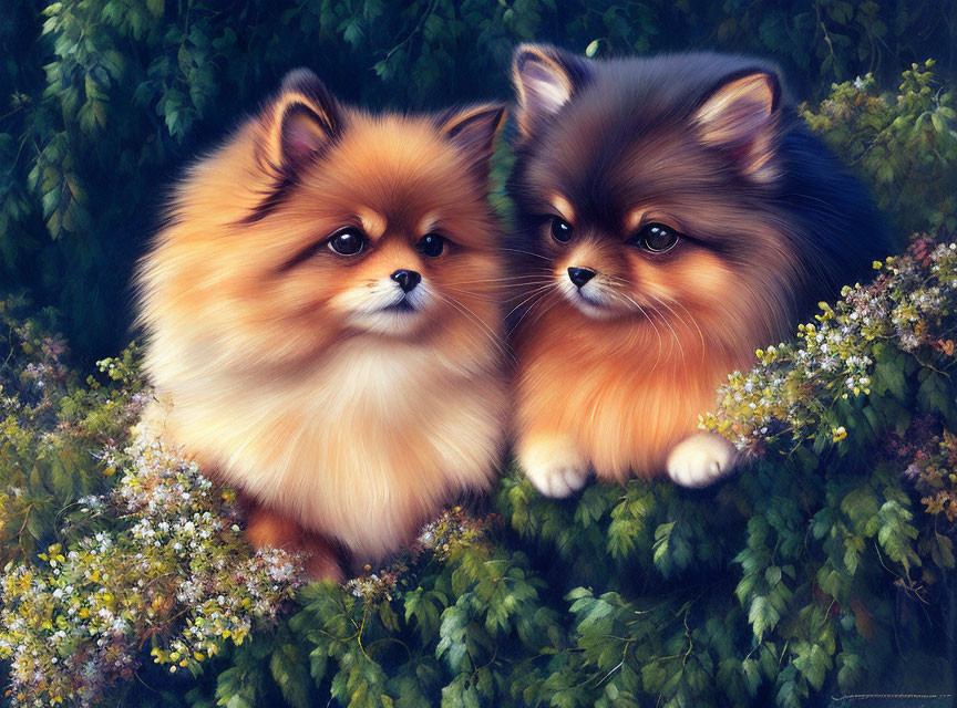 Fluffy Pomeranian Dogs in Green Bushes with White Flowers