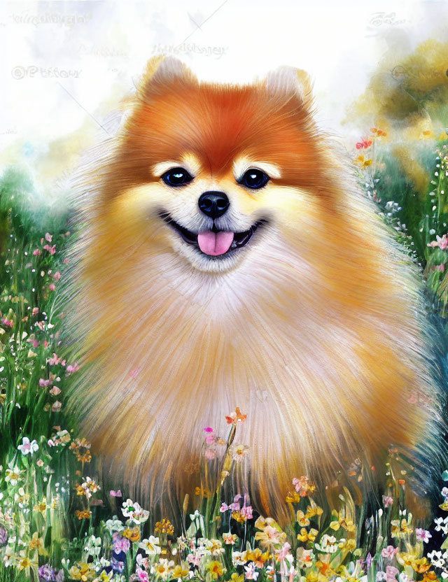 Colorful Illustration: Smiling Pomeranian Dog in Wildflower Field